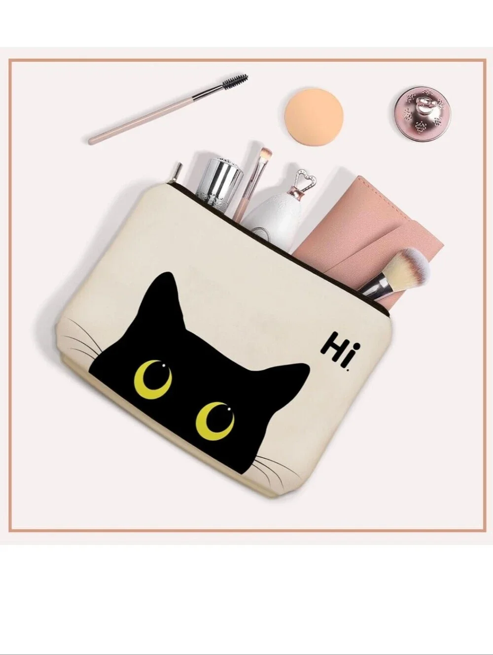 Cat Pouch Cosmetic Bag in Cream with Black Cat Design - Hi.